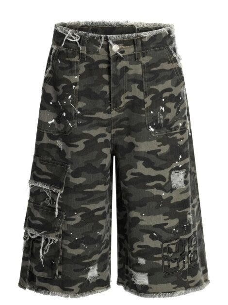 Men's Distressed Camo Print Cargo Denim Shorts